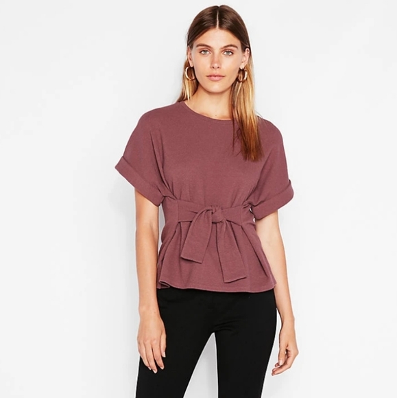 Express Tops - Final Markdown [Express] Rolled Sleeve Tie-Waist Top (Green)